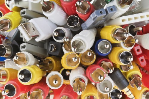 A close-up view of a large pile of various used electronic device power adapters, chargers, and plugs, with different shapes, sizes, and colors, including white, black, yellow, red, and blue. The connectors and prongs are prominently visible, with some adapters featuring rectangular, cylindrical, or flat designs, and several having exposed metal prongs or ports. The background appears to be a metallic surface, possibly a workstation or storage area, with the adapters arranged in a somewhat chaotic manner, indicative of a waste removal or clearance process typical in office or electronic recycling contexts near Kentish Town. The image depicts the collection of electronic waste components awaiting disposal or recycling, consistent with rubbish removal services offered by companies like Office Clearance Kentish Town.